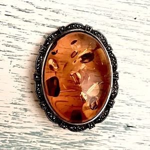 VINTAGE ESTATE COGNAC HONEY AMBER STERLING SILVER 925 BROOCH PIN